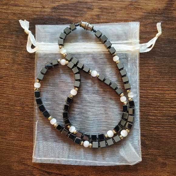 Vintage Glass Stone Bead Necklace, Black White Choker 16", Onyx Quartz - Picture 1 of 8